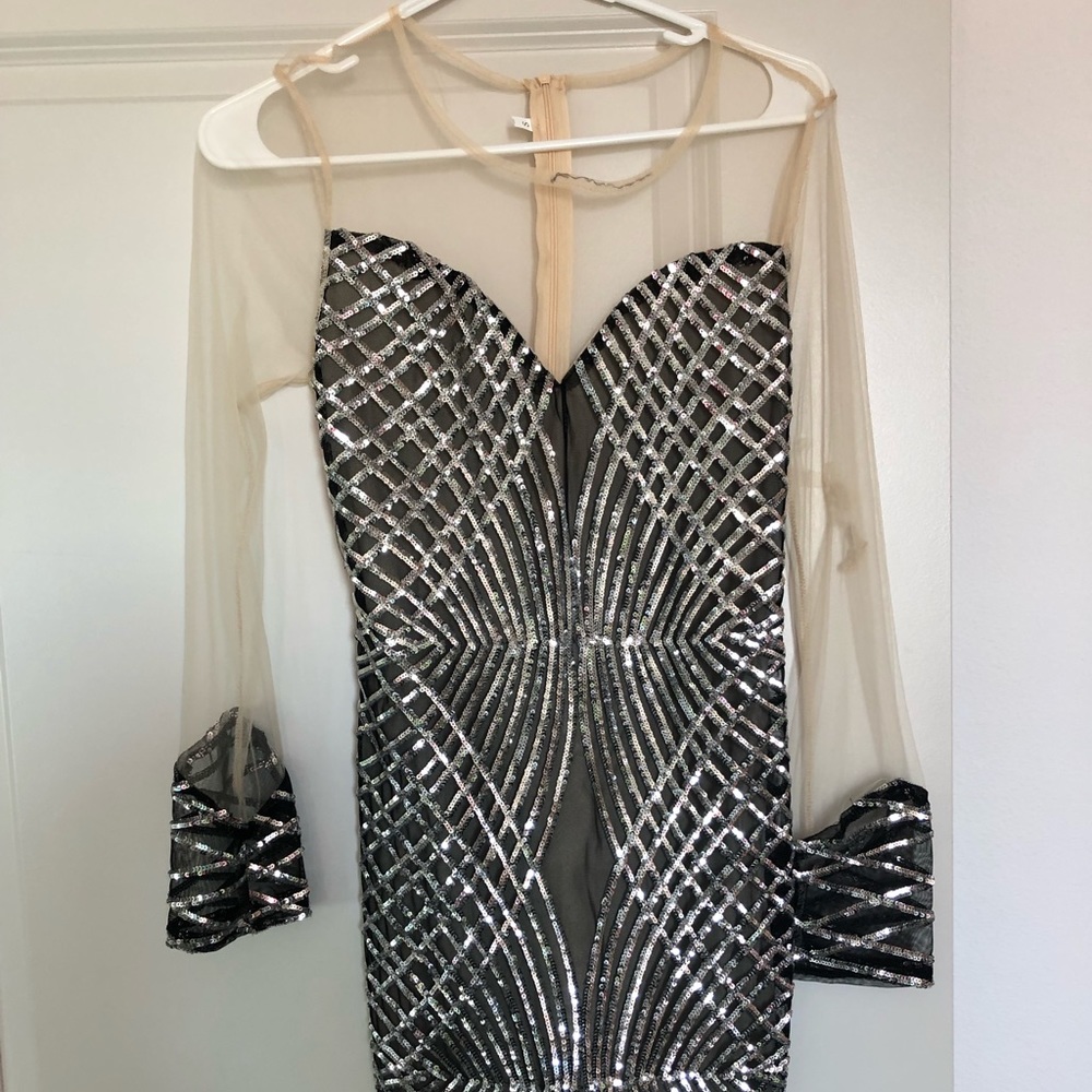 Mini prom dress sheer black silver sparkle size s